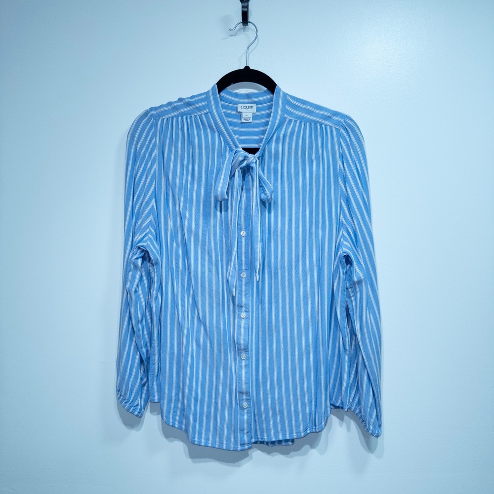 J. Crew Blue White Caroline Stripe‎ Long Sleeve Bow Blouse XL